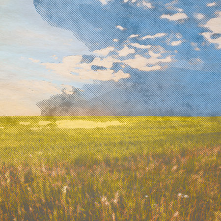 in the fields, retro background on old paper textureの写真素材
