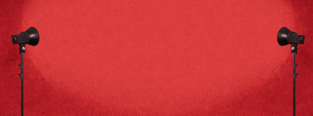 lighting studio equipment, color concrete background, red plaster wall, banner sizeの写真素材