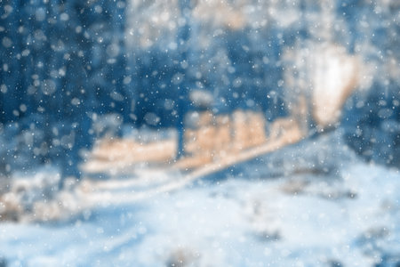 blurred winter forest, falling snow bokehの写真素材