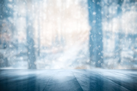 Old frozen wooden table and snowy forest. Christmas and new year winter background.の写真素材