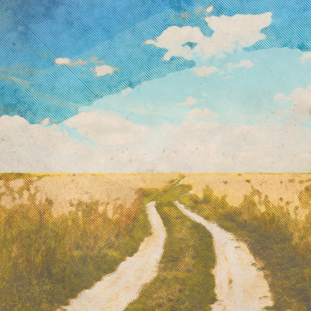 in the fields, retro background on old paper textureの写真素材