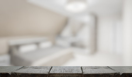 wooden table, blurred room, interior backgroundの写真素材
