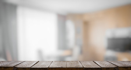 wooden table, blurred room, interior backgroundの写真素材