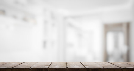 wooden table, blurred room, interior backgroundの写真素材