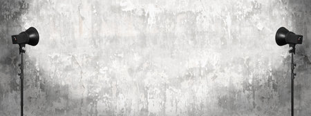 lighting studio equipment, color concrete background, gray plaster wall, banner sizeの写真素材