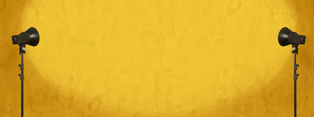 lighting studio equipment, color concrete background, yellow plaster wall, banner sizeの写真素材