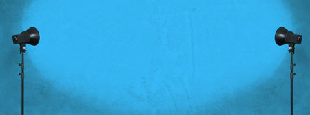 lighting studio equipment, color concrete background, blue plaster wall, banner size