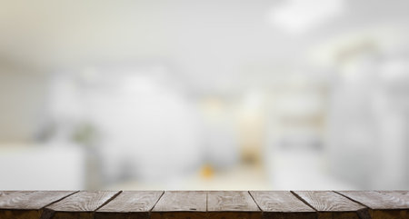 wooden table, blurred room, interior backgroundの写真素材