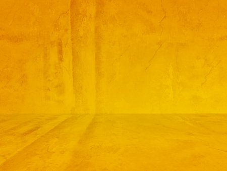 yellow plaster wall, old grunge room, interior backgroundの写真素材