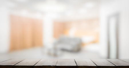 wooden table, blurred room, interior backgroundの写真素材