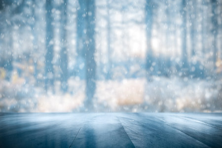 Old frozen wooden table and snowy forest. Christmas and new year winter background.の写真素材