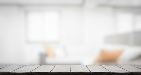 wooden table, blurred room, interior backgroundの写真素材