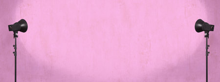 lighting studio equipment, color concrete background, pink plaster wall, banner sizeの写真素材
