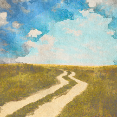 in the fields, retro background on old paper textureの写真素材