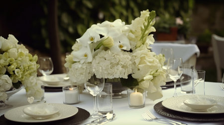 Beautiful wedding setting outdoor banquet table with white floral decor. Table with dinnerware banner. Summer horizontal background with copy space. AI generative image.の素材