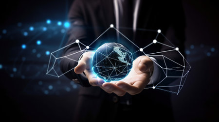 Illustration of male hans holding hologram sphere with plexus of nodes network, digital data concept. Futuristic sci-fi technologies. Abstract blue background. AI generative image.の素材