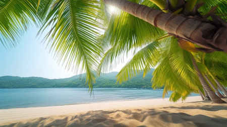 Panoramic banner for web traveling site with beautiful tropical beach scene with palm trees and sandy sea coast. outdoor south nature horizontal background. AI generative image.の素材