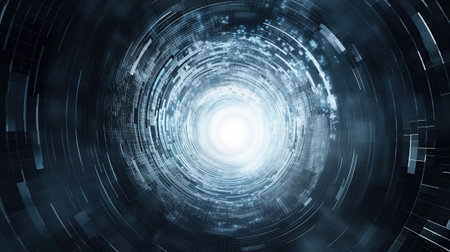 Digital cyberspace tunnel abstract horizontal background with copy space. blue color. Cyber data vortex illustration. AI generative image.の素材