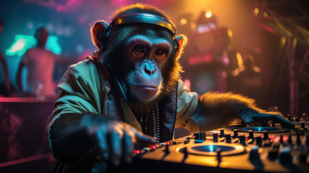 Funny monkey dj at turn table console, disco edm party, night club horizontal illustration. AI generative image.の素材