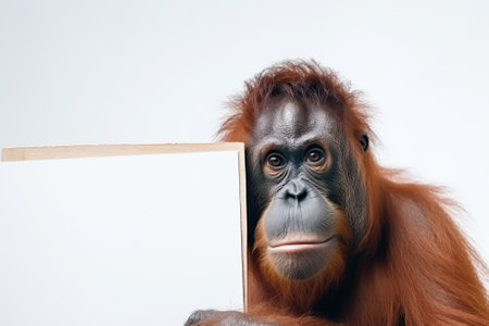 Cute orangutan monkey portrait with empty clean white cardboard sign in hands. Poster template with copy space. Zoo illustration. AI generative image.の素材