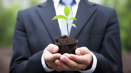 Businessman wearing suit holds small fresh green sprout. Investment or new beginning concept. Illustration of soil with young plant in cupped hands. Eco friendly business idea. AI generative image.の素材