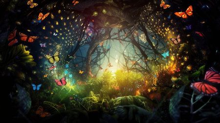 Beautiful fantasy enchanted forest with butterflies, flowers and copy space. Fairy tale outdoor horizontal background. AI generative image.の素材