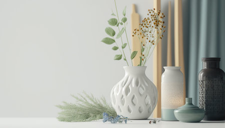 Modern minimal scandinavian style still life with plant and copy space. Light soft colored horizontal backdrop. AI generative image.の素材