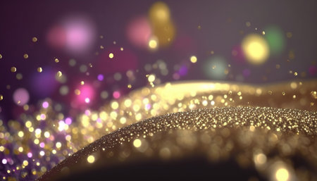 Beautiful abstract horizontal background with pink and golden glitter particles. Shiny sparks and bokeh effect. AI generative image.の素材