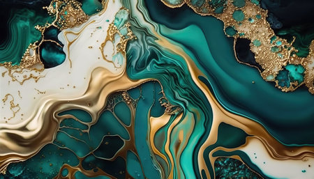 Beautiful abstract blue, turquoise, and gold colors paint wavy smears on white, modern luxury art, acrylic or oil paints. Artistic horizontal background. AI generative image.の素材