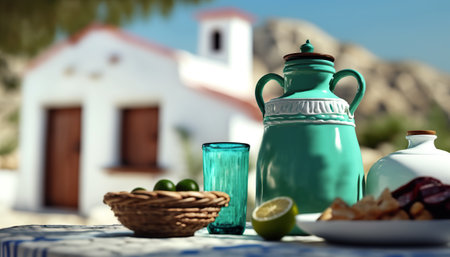 Abstract mediterranean style still life with big ceramic jug. Summer outdoor blurred horizontal background with copy space. AI generative image.の素材