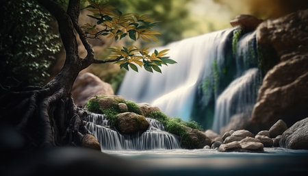 Beautiful outdoor nature landscape with waterfall and stones. Summer horizontal background with copy space. AI generative image.の素材