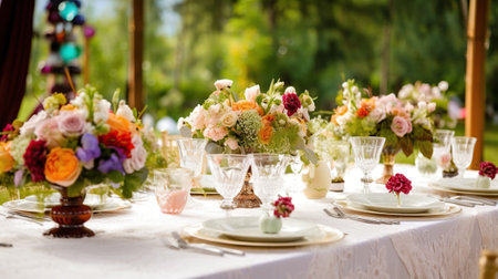 Luxurious outdoor table setting with beautiful decorative flowers and dishware. Wedding or other event celebrate horizontal illustration. AI generative image.の素材