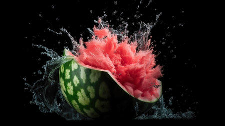 Watermelon juicy explosion with water splashes on black background. Freeze moment illustration. Summer delicious and healthy food concept. AI generative image.の素材