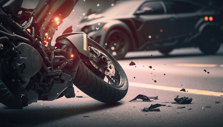 Motorcycle crash road accident with broken motorbike. city background. Horizontal banner with copy space. AI generative image.の素材