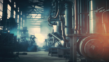 Abstract modern factory industrial background. Indoor horizontal backdrop with copy space. AI generative image.の素材