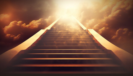 Stairway to heaven. Sunrise sky with clouds and stairs. Abstract outdoor background. AI generative image.の素材