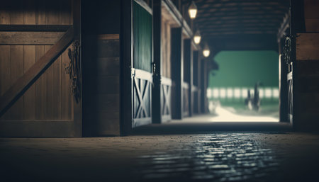 illustration of horse stable interior. Indoor horizontal background with copy space. AI generative image.の素材