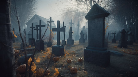 Illustration of spooky graveyard with pumpkins at early morning, halloween cemetery background with copy space. outdoor backdrop. AI generative image.の素材