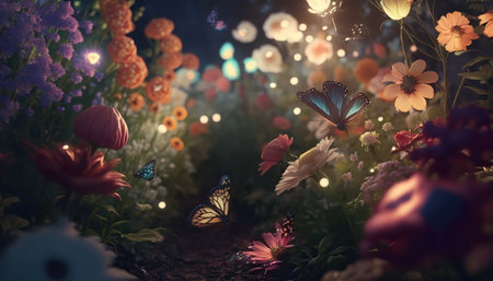 Beautiful fantasy garden with different flowers and butterfly. Blooming outdoor horizontal background. AI generative image.の素材