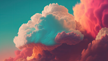 Beautiful retro style illustration of sky with bright blue, purple and pink clouds. abstract horizontal background. AI generative image.の素材