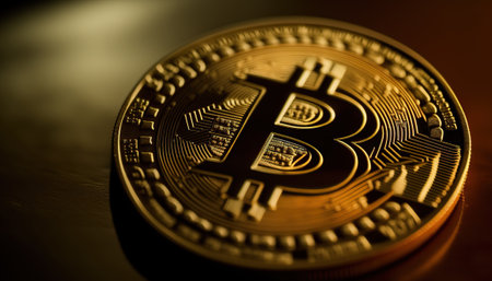 Illustration of bitcoin currency, blurred horizontal background with copy space. AI generative image.の素材