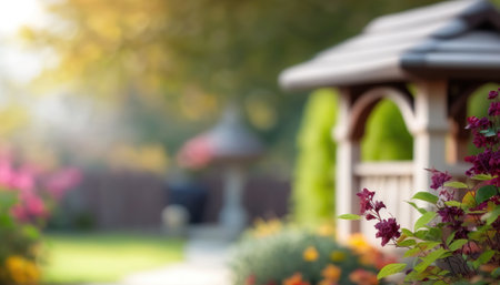 Illustration of cozy decorative garden with flowers and green vegetation outdoor horizontal background banner with copy space. AI generative image.の素材