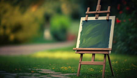 Easel with copy space on outdoor summer horizontal background. painting equipment. AI generative image.の素材