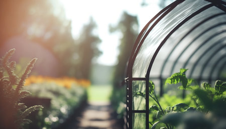 Greenhouse with greenery plants. Agricultural horizontal banner with copy space. AI generative image.の素材