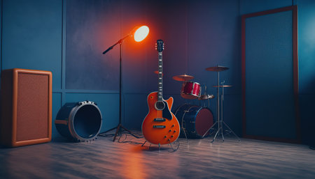 Rehearsal studio room with drum kit. Music repetition base. indoor horizontal background. AI generative image.の素材