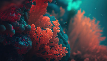 Beautiful underwater scene with coral reef ocean bottom horizontal background. tropical marine nature backdrop. AI generative image.の素材