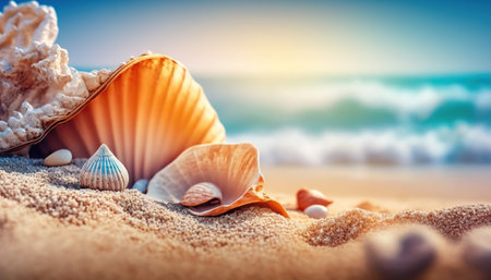 Close up different seashells on sand with blurred sea water backdrop. Tropical summer beach outdoor horizontal background. AI generative image.の素材