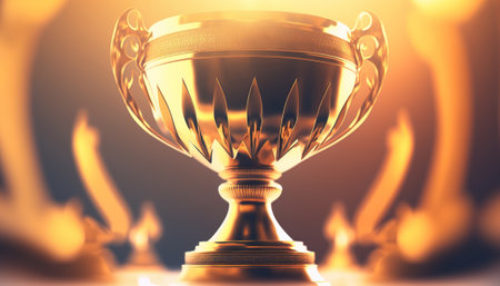 Golden trophy cup, championship award concept. Horizontal banner with copy space. AI generative image.の素材