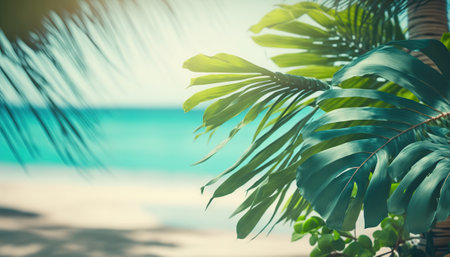 Beautiful summer time banner with tropical palm tree leaves and blurred ocean sandy coast, beach background. Banner with copy space on outdoor backdrop. AI generative image.の素材