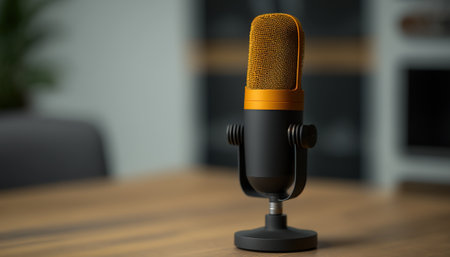 Close up microphone and blurred podcasting studio indoor horizontal background. Broadcast concept. AI generative image.の素材